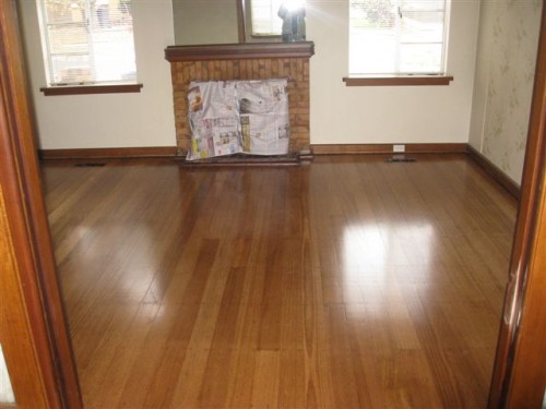 Walnut stain with water-based polyurethane (traffik) on old hardwood.